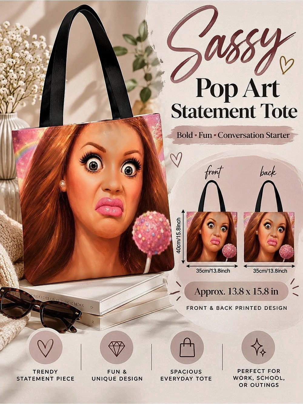 Sassy Pop Art Statement Tote Bag | Fun Doll Graphic Shoulder Bag